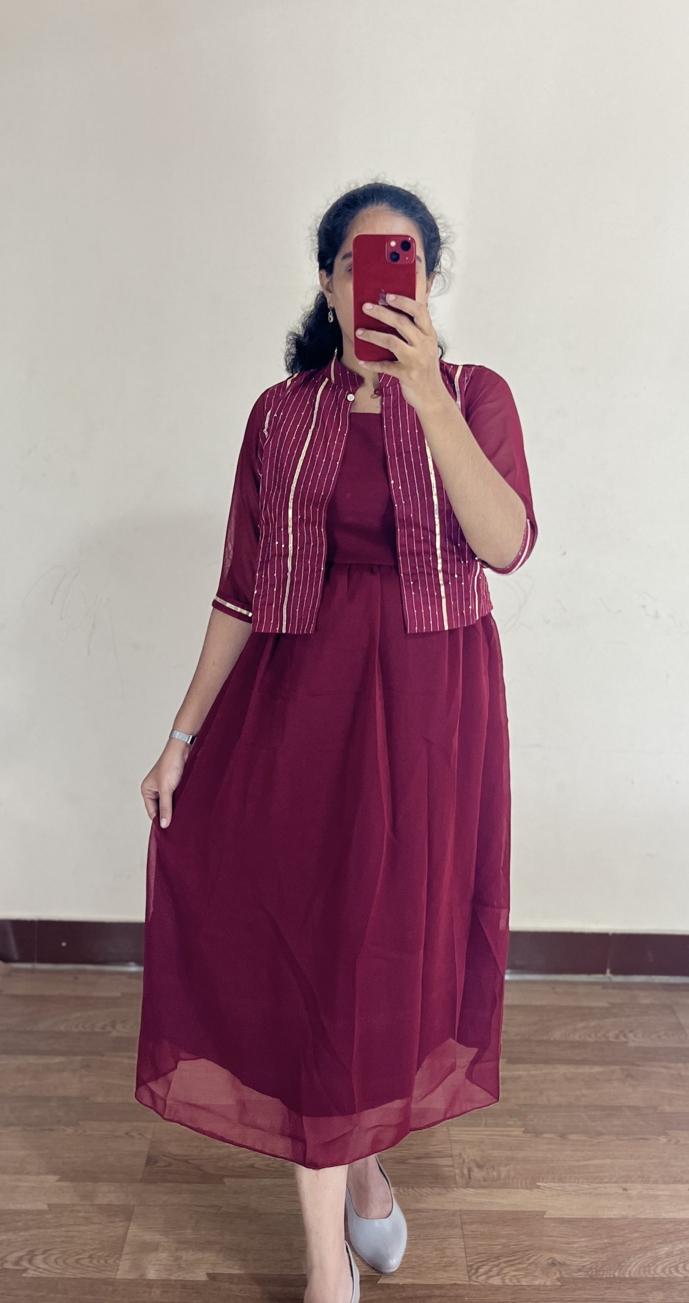 Georgette Maternity/Feeding kurti with attached Over Coat - Maroon plain