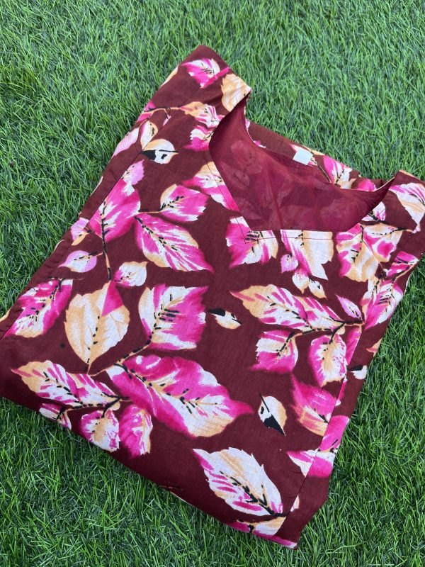 Cotton Maternity/Feeding Maxi- 2tier - Maroon Pink Leaf - Image 2