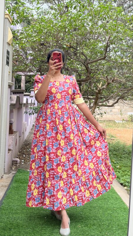 Cotton Maternity/Feeding kurti - SS - Kantha Cotton Red Floral