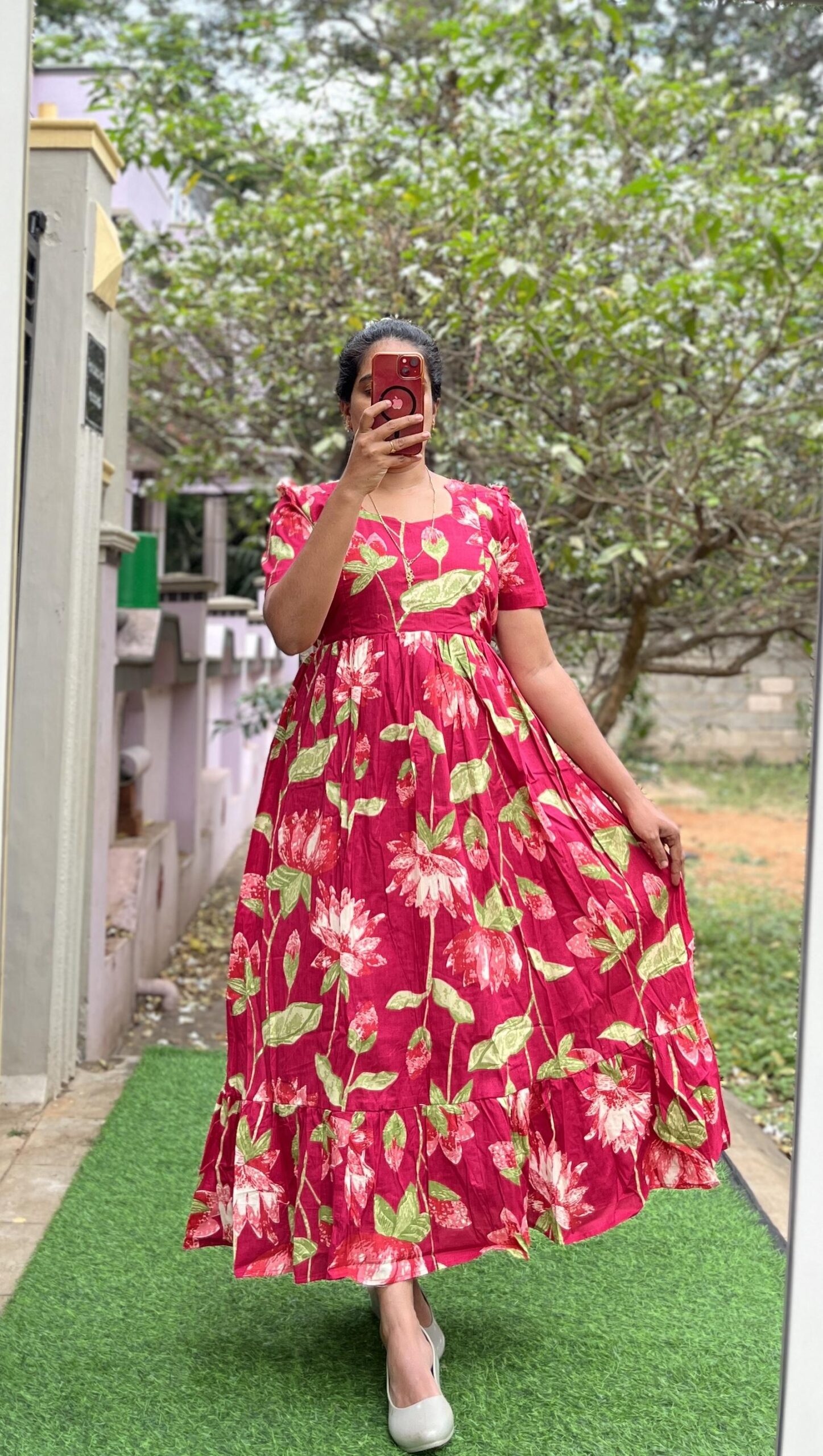 Cotton Maternity/Feeding kurti - SS - Cotton Redishpink Lotus