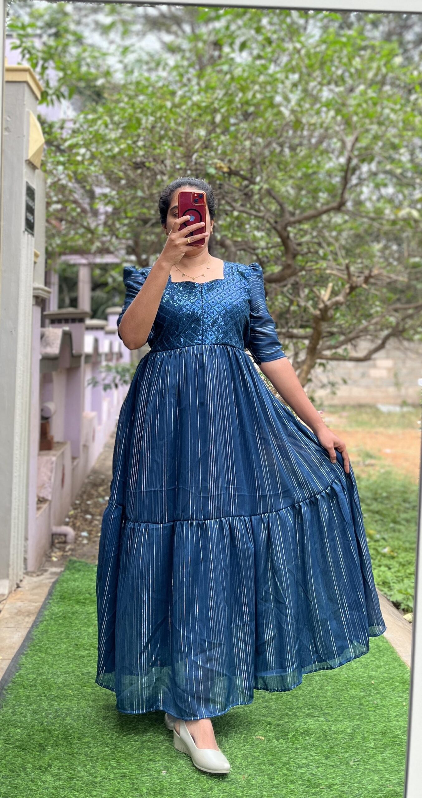 Georgette Maxi - 2tier - yoke work blue lurex