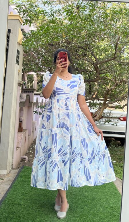 Georgette Maternity/ Feeding Maxi - 3tier-skyblue waves