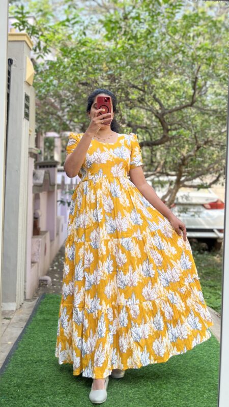 Delta Crush Maternity/Feeding kurti - 3tier- Delta Leaf Yellow