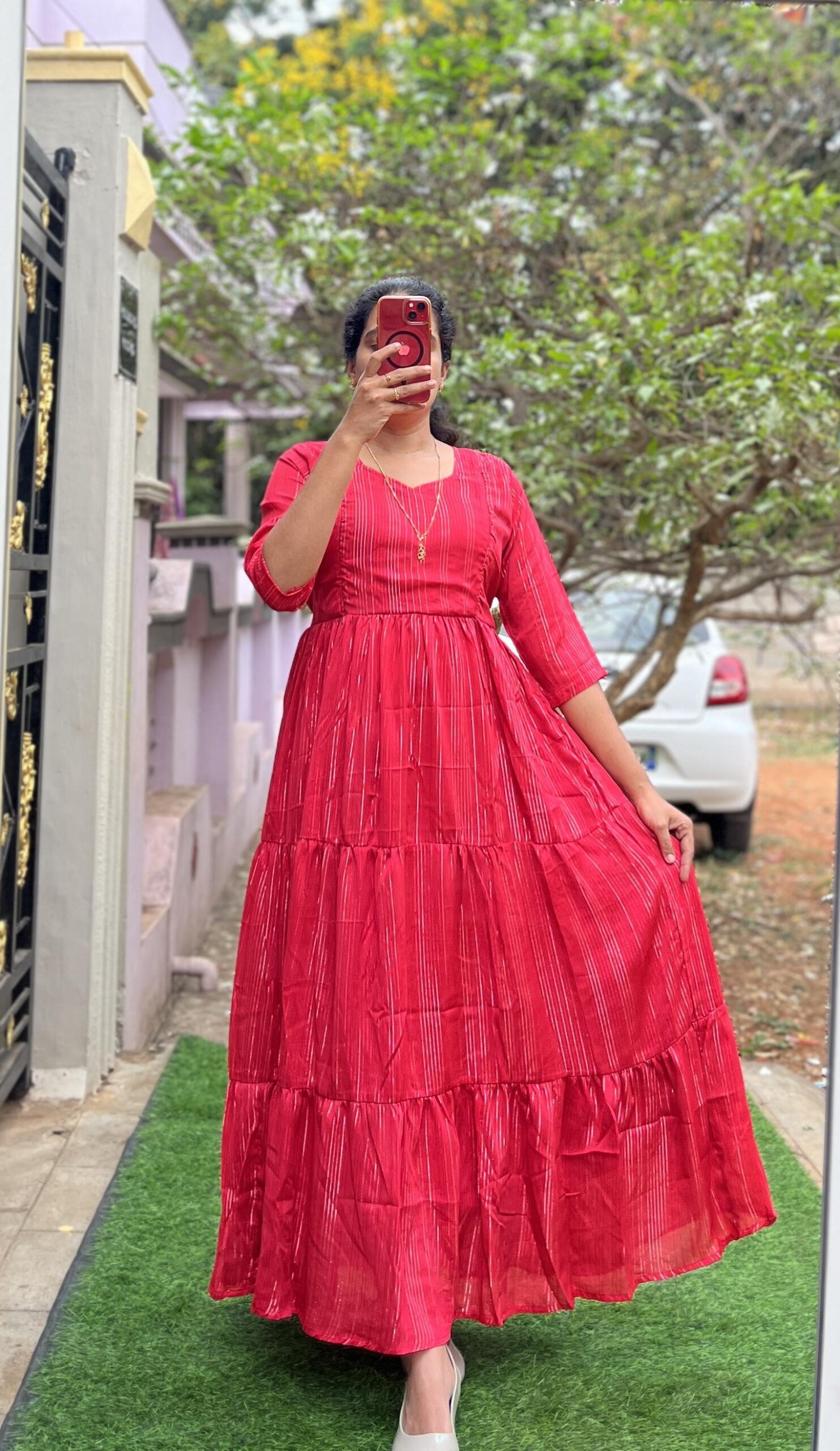 Georgette Maxi - 3 tier Red lurex