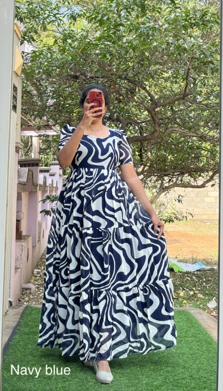 Georgette Maternity/ Feeding Maxi - 3tier Georgette White&Navyblue