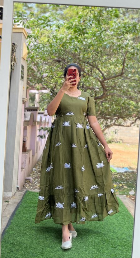 Cotton Maternity/Feeding kurti - Kora Cotton Swan Mehandi green