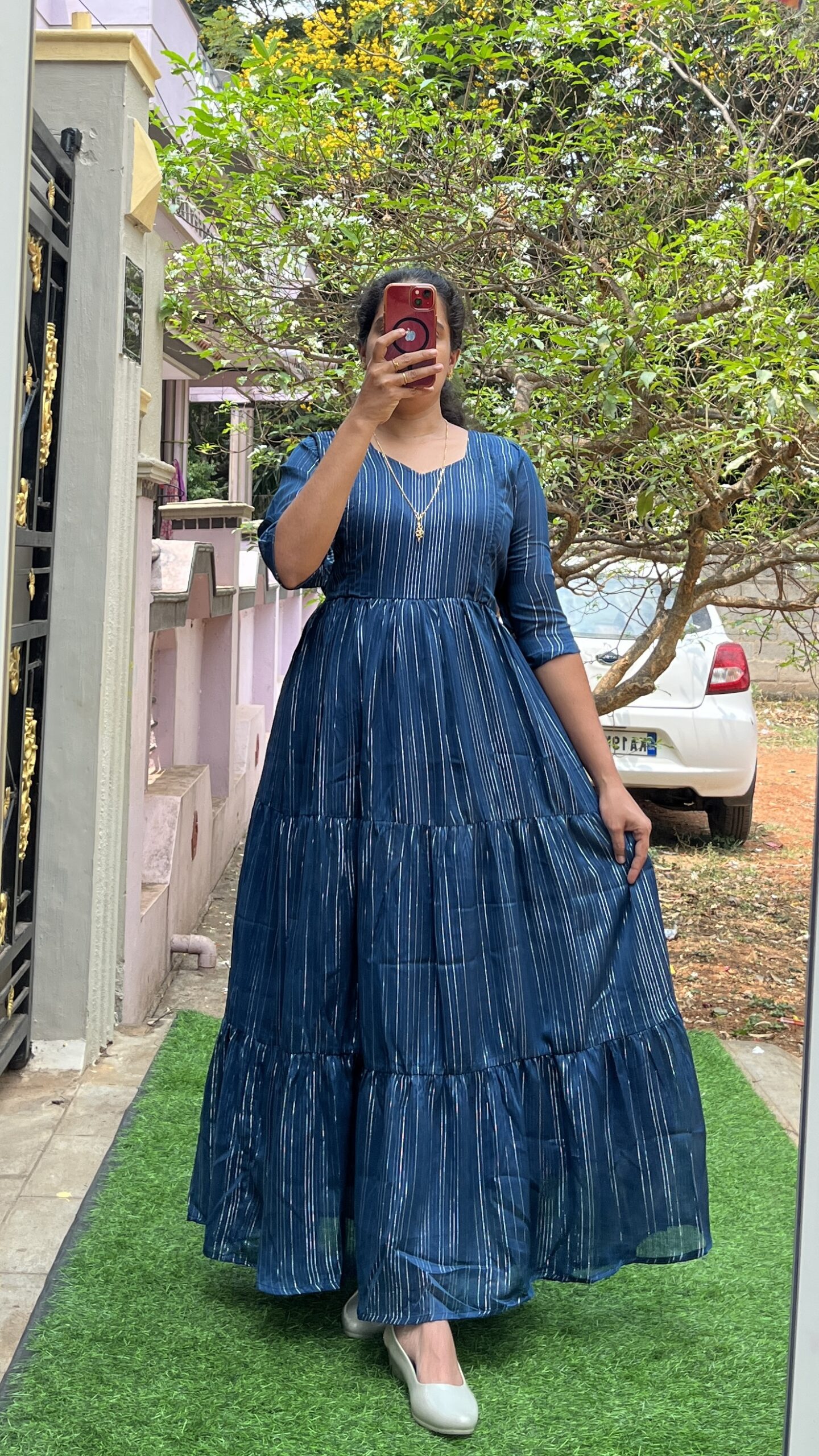 Georgette Maxi - 3 tier Navy Lurex new