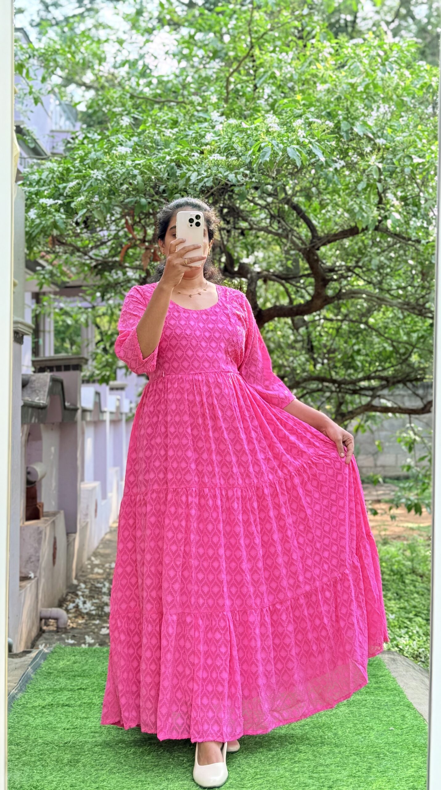 Georgette Maternity/ Feeding Maxi - 3tier Georgette pink dobby