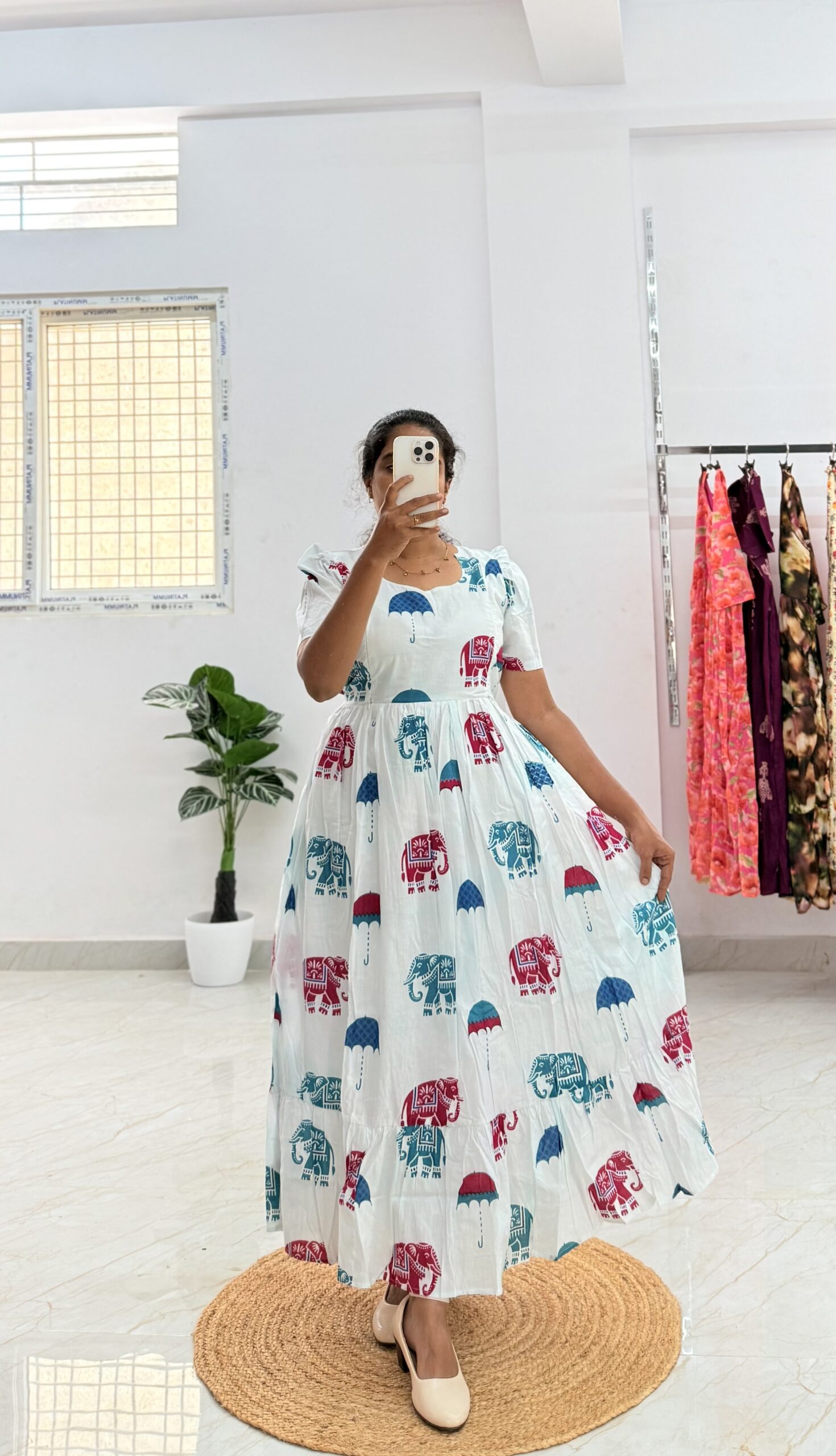 Cotton Maternity/Feeding kurti - Cotton White Temple Elephant
