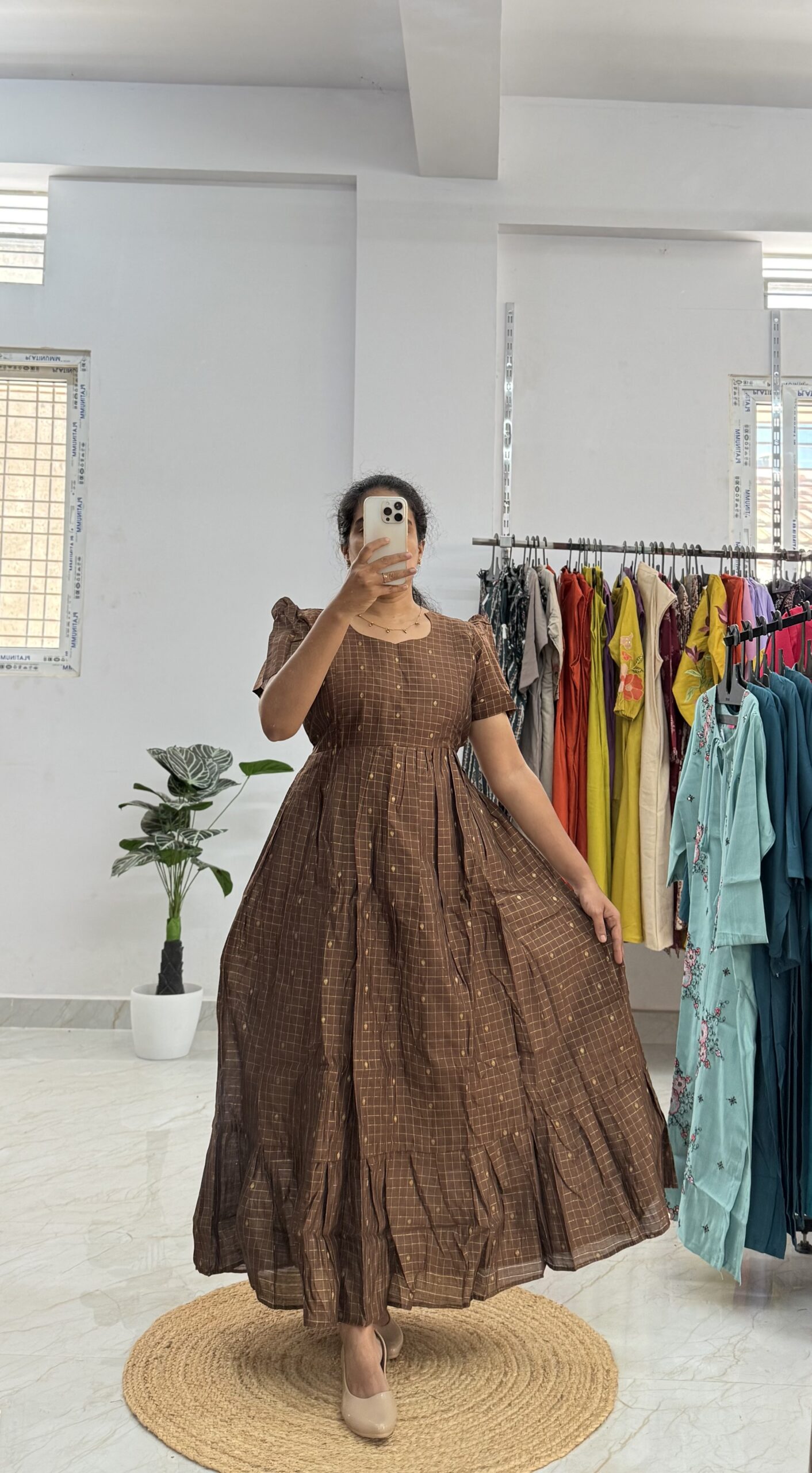 Maternity/Feeding kurti - Raw Silk - Coffee Checks